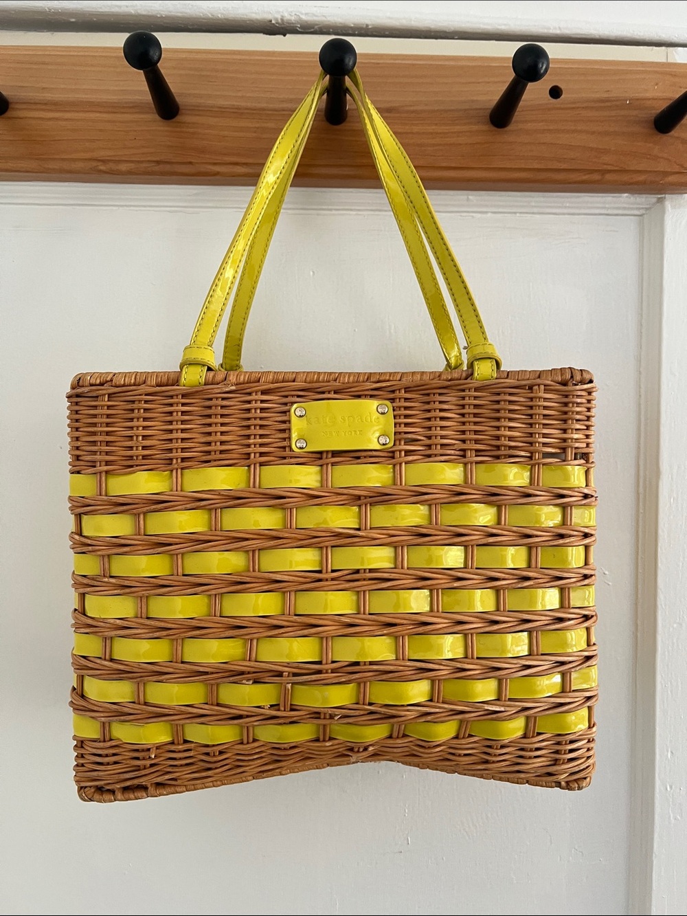 kate spade yellow and tan woven tote with leather straps
